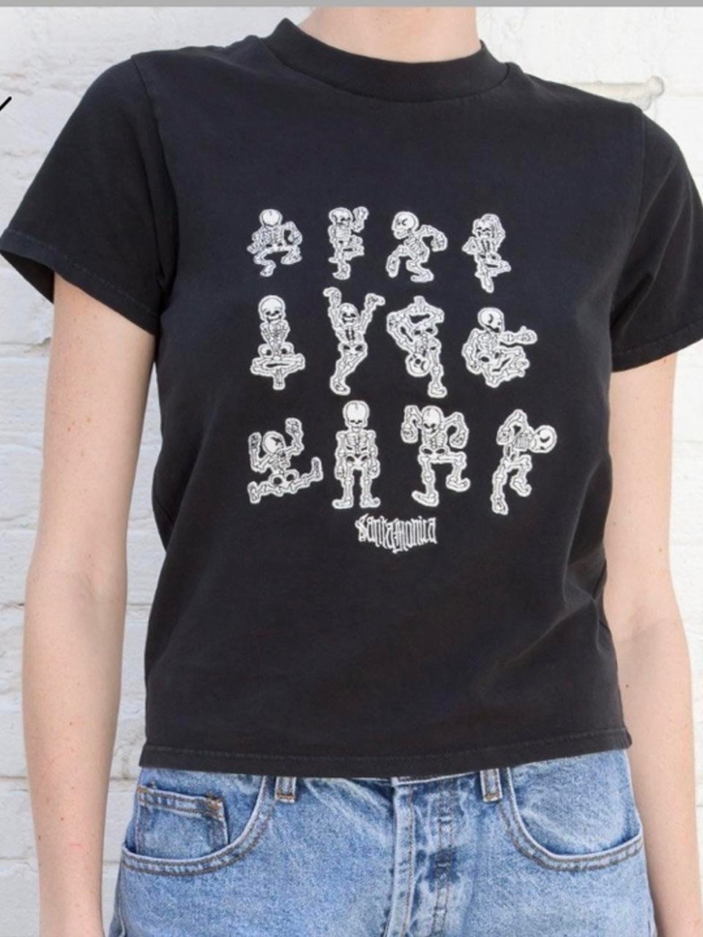 John Galt Brandy Melville Charcoal Black Dancing Skeleton Santa Monica Baby Tee